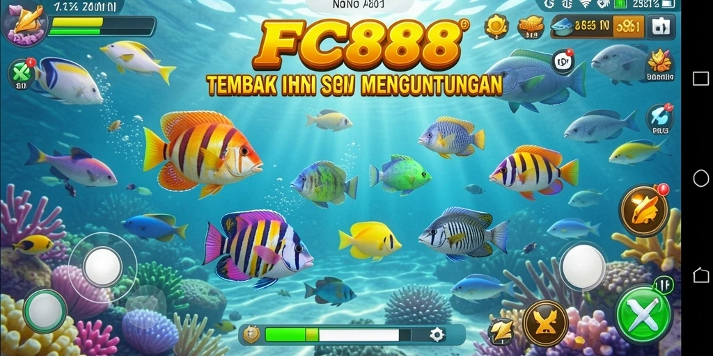 Tangkapan layar gameplay permainan Tembak Ikan FC888 yang seru.