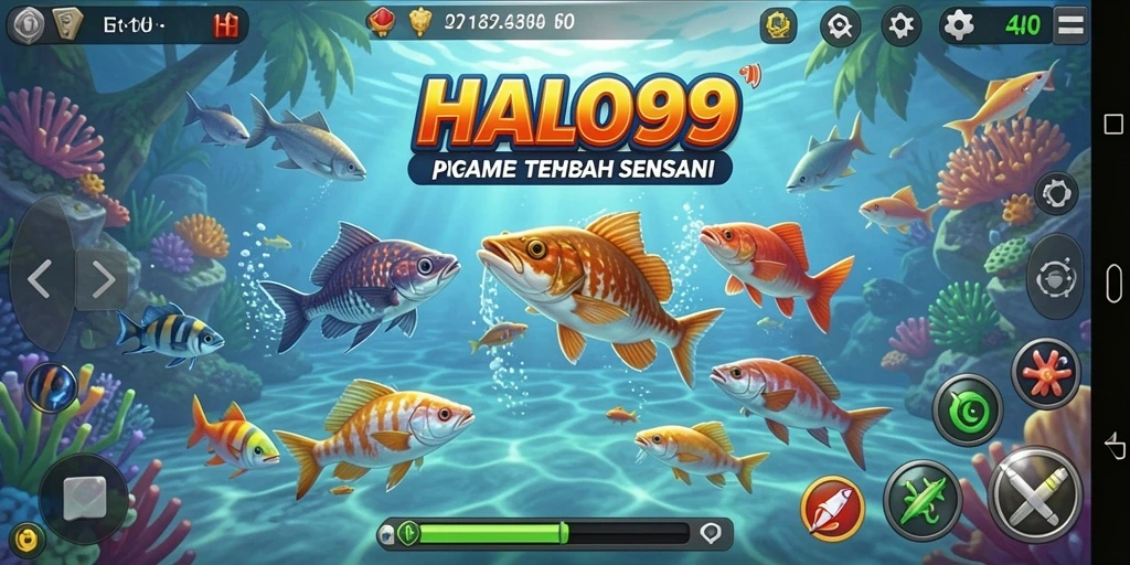 Screenshot gameplay HALO99 menampilkan aksi seru berburu ikan.