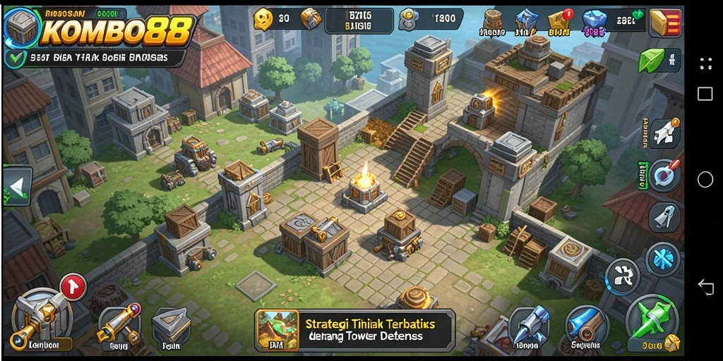 Screenshot gameplay <strong>KOMBO88</strong> menunjukkan serangan menara yang mendebarkan.