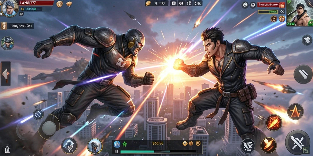 Screenshot gameplay LANGIT77 menunjukkan aksi pertarungan seru di langit.