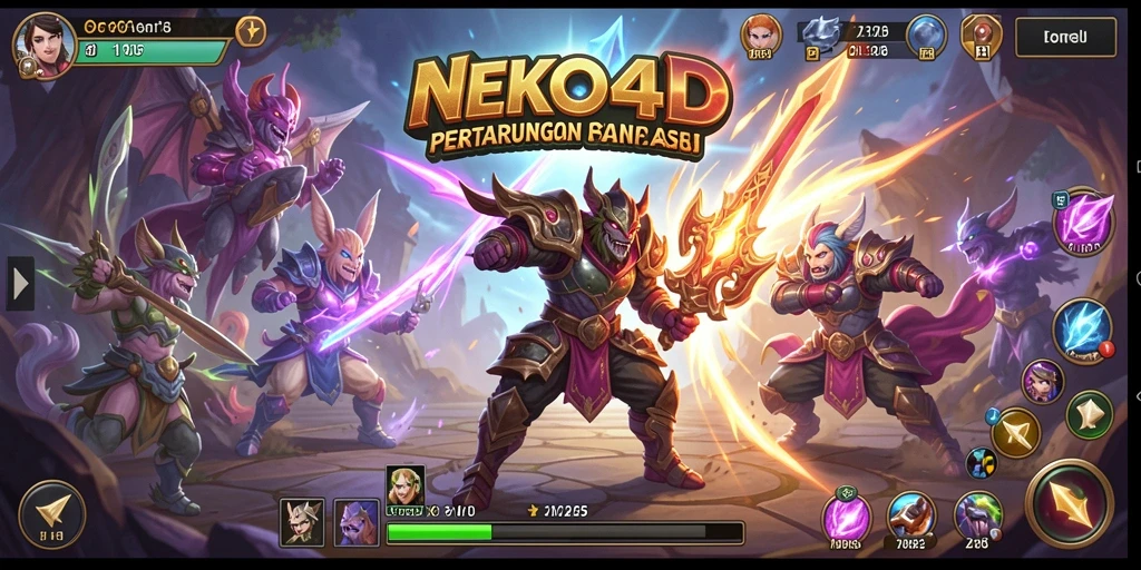 Screenshot gameplay NEKO4D menampilkan pertarungan seru di arena.
