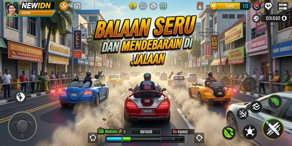 Screenshot gameplay NEWIDN menampilkan balapan menegangkan di jalanan.